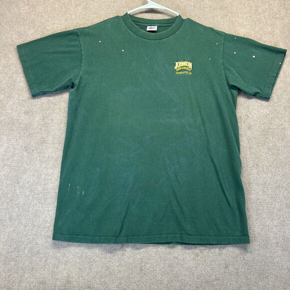 Johnson Beer Company Vintage T Shirt Adult Large Green Bleach Splatter Stains NC - Picture 1 of 12